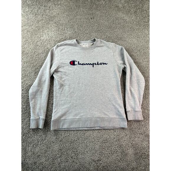 Champion Sweatshirt Mens Oxford Gray Black Medium Signature Logo Pullover FLAW - Picture 1 of 13